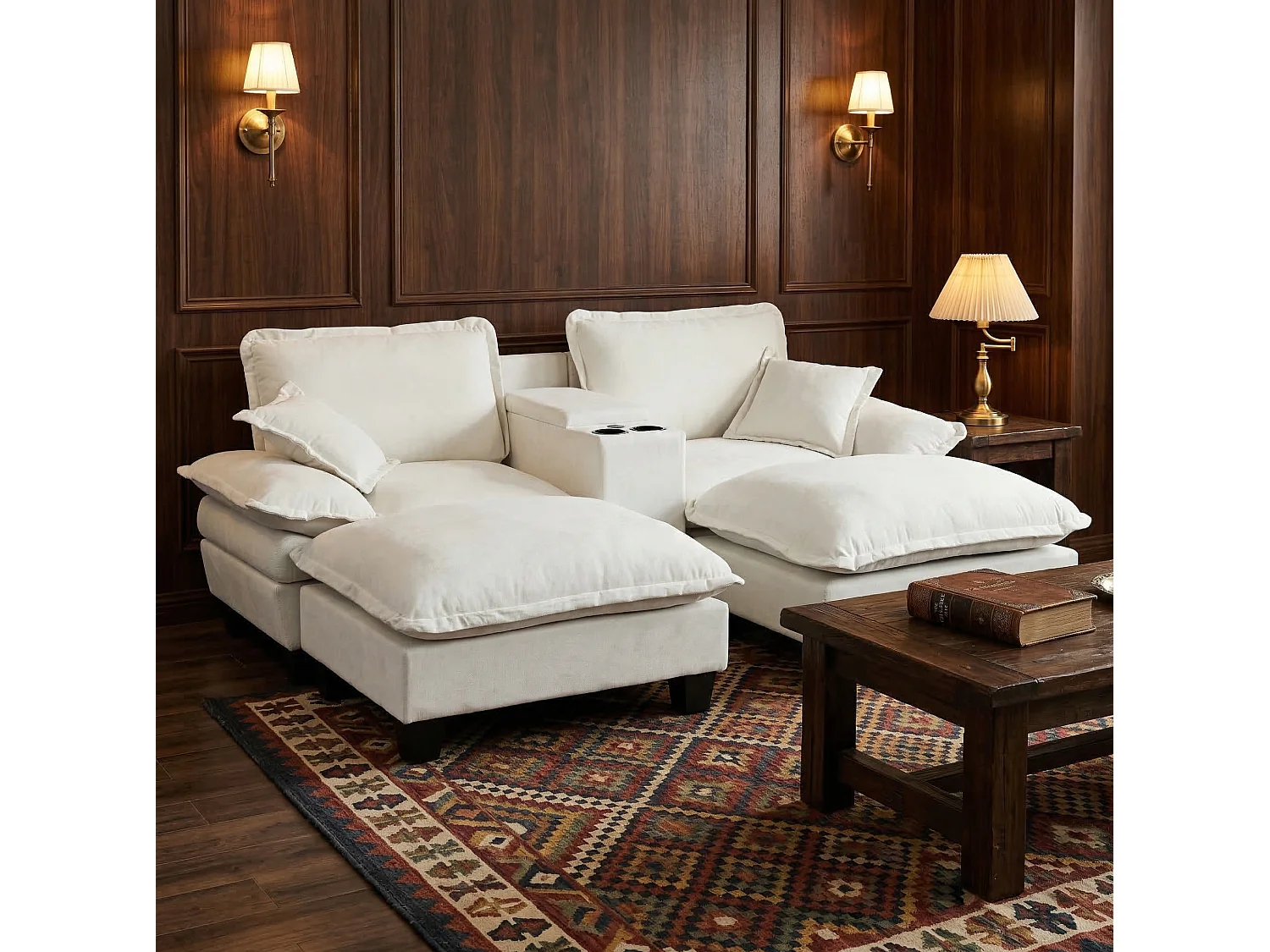 Canapé 2 places avec USB, 2 poufs et porte-gobelets - Chenille beige