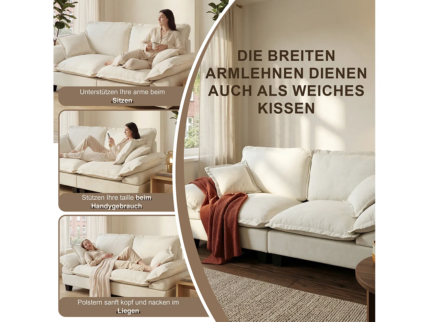 Canapé 2 places avec USB, 2 poufs et porte-gobelets - Chenille beige