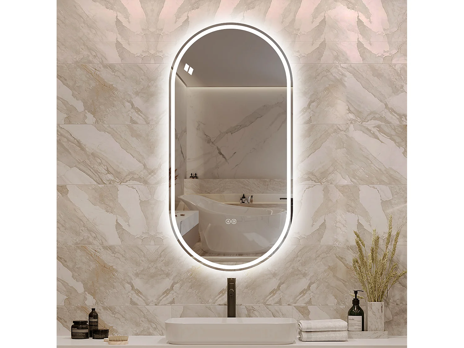 Miroir de salle de bain ovale 60 x 120 cm, avec écran tactile et fonction antibuée