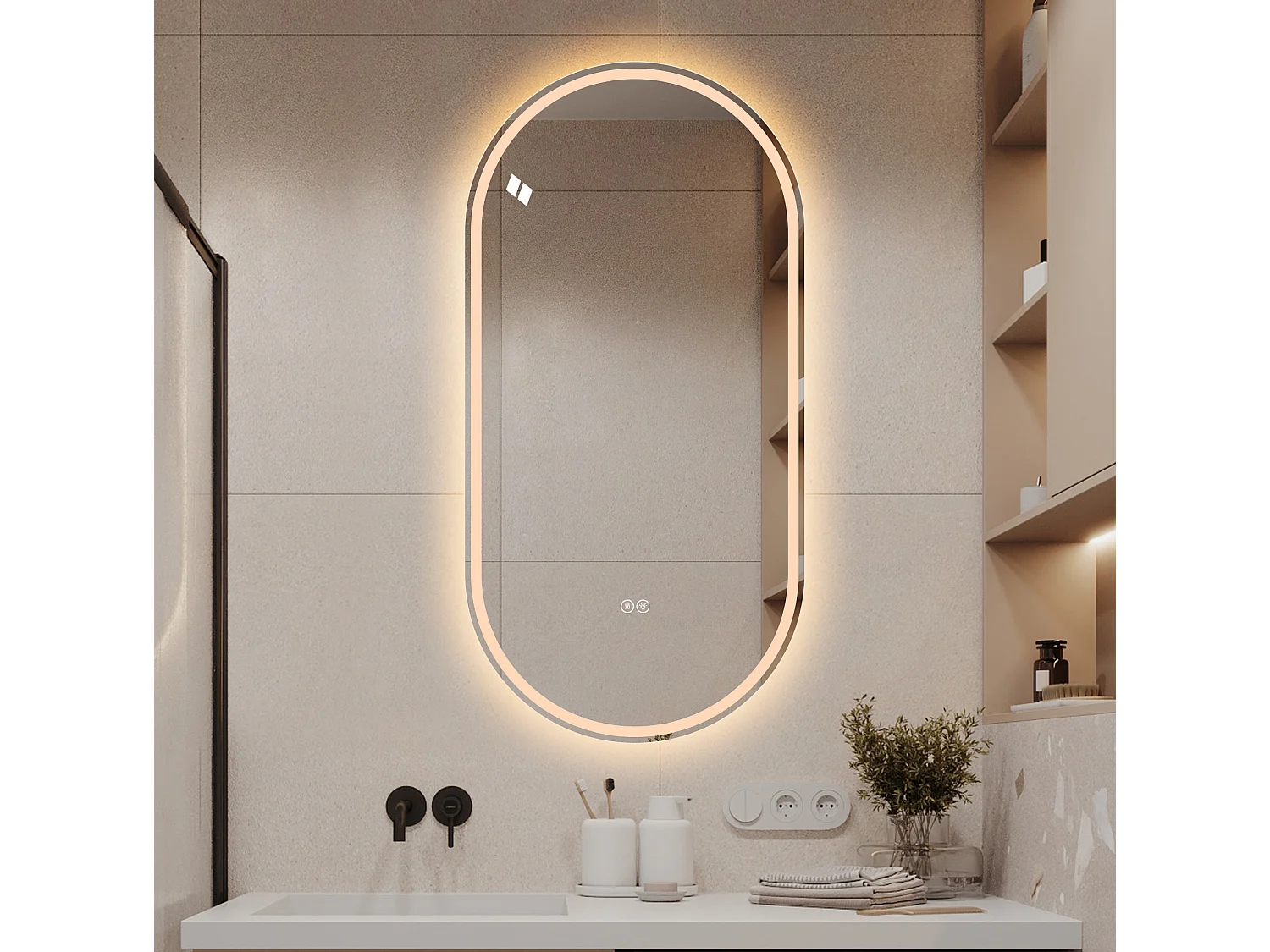 Miroir de salle de bain ovale 60 x 120 cm, avec écran tactile et fonction antibuée