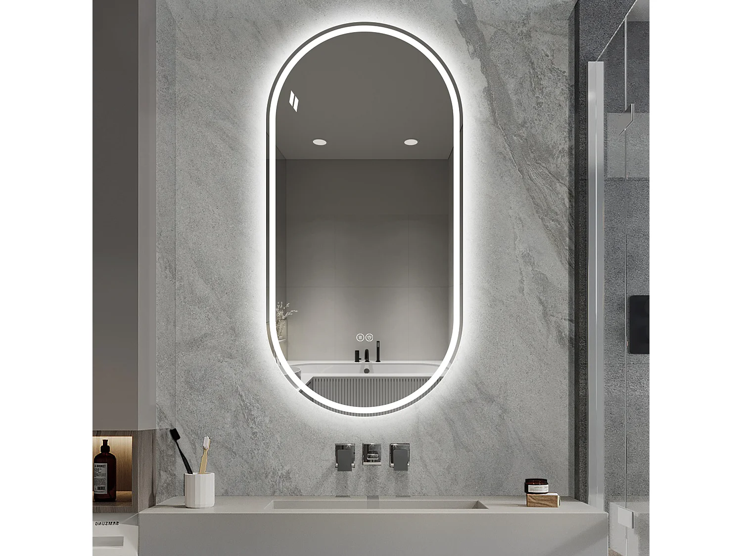 Miroir de salle de bain ovale 60 x 120 cm, avec écran tactile et fonction antibuée