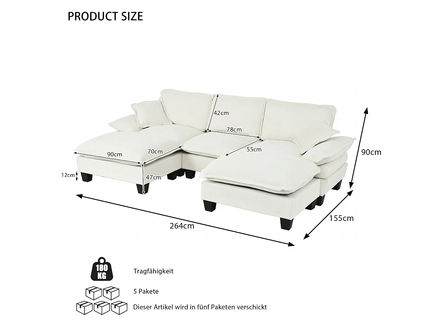 3-sits modulär chenillehörnsoffa med 2 fotpallar - Beige