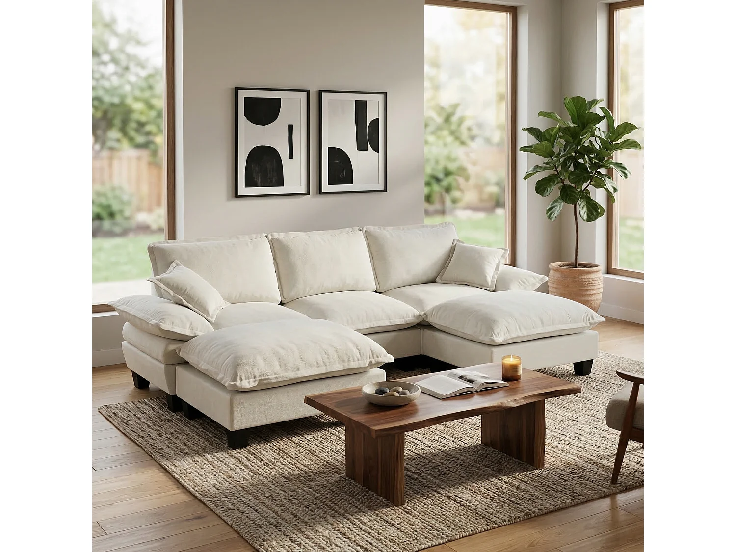 3-sits modulär chenillehörnsoffa med 2 fotpallar - Beige