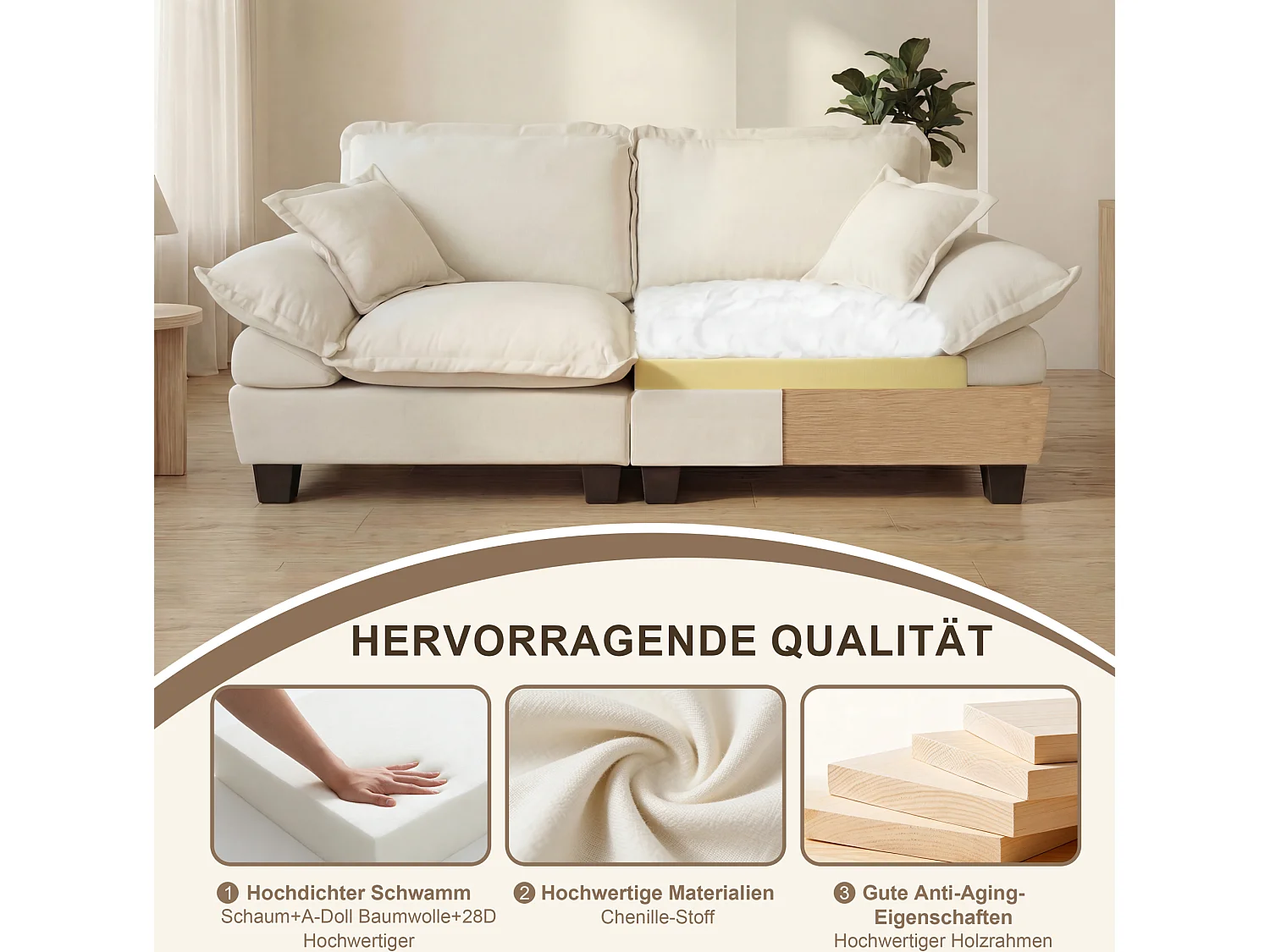 3-sits modulär chenillehörnsoffa med 2 fotpallar - Beige