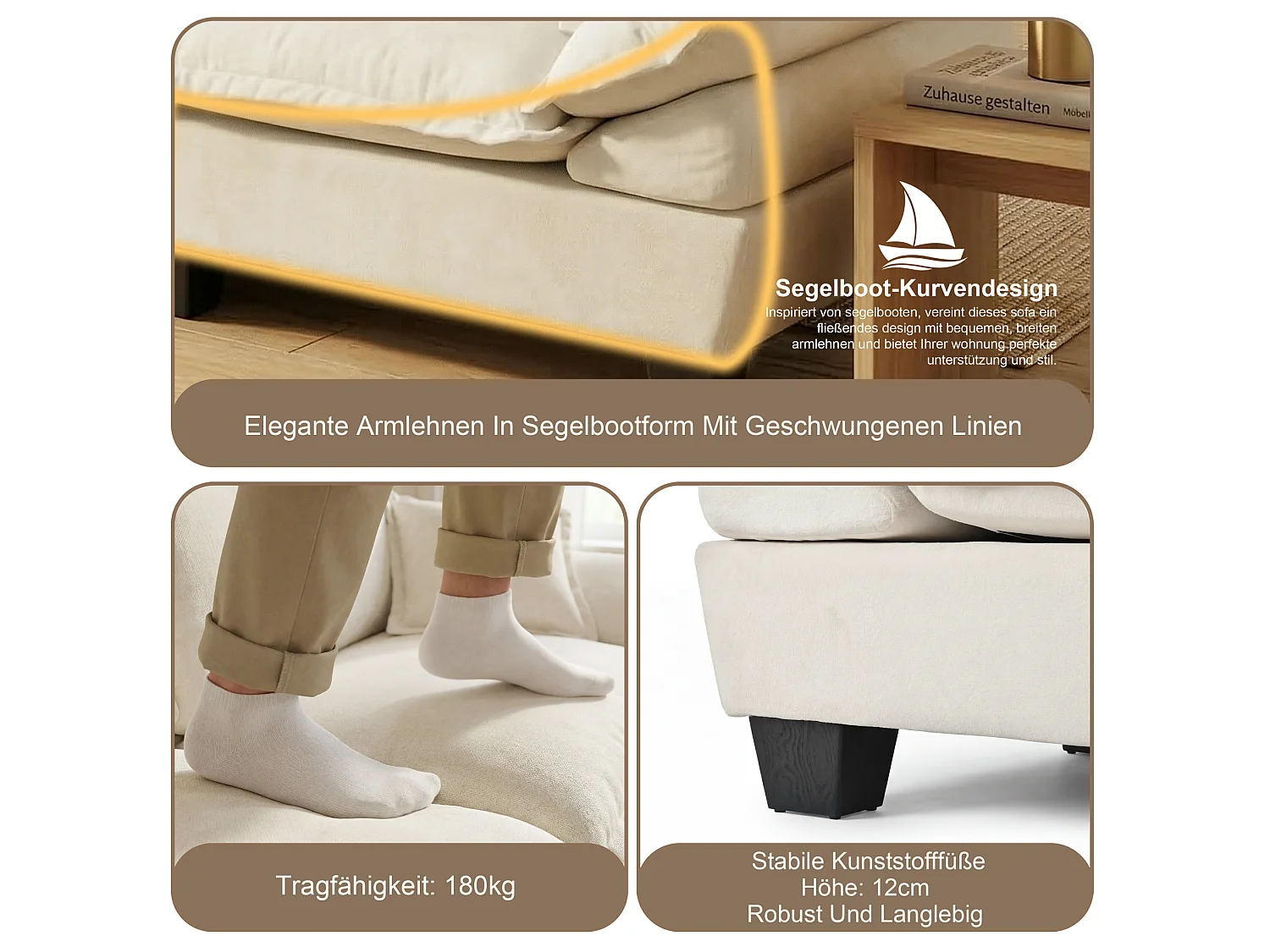 3-sits modulär chenillehörnsoffa med 2 fotpallar - Beige