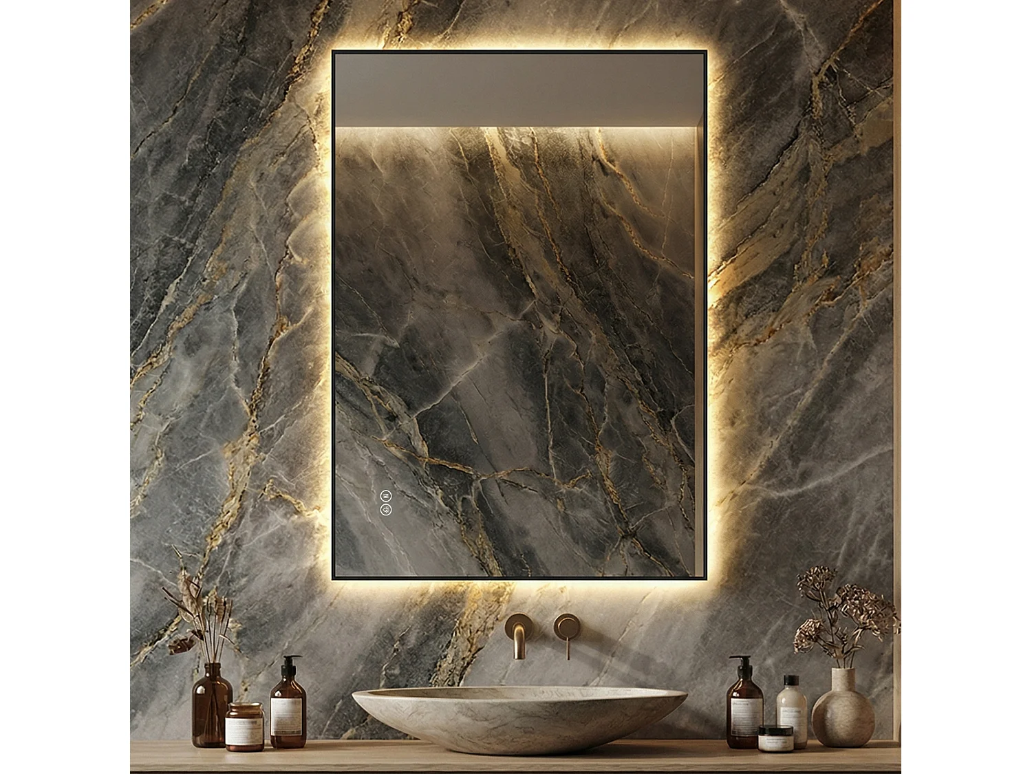 Miroir de salle de bain LED 50 x 70 cm avec cadre en aluminium, antibuée, 3 couleurs d'éclairage