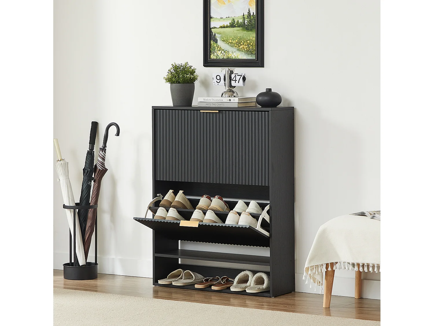 Meuble à chaussures 80x24x102 cm avec 2 abattants - Noir