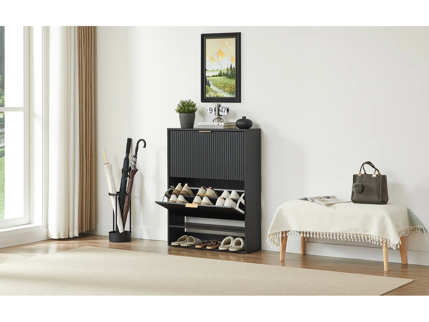 Meuble à chaussures 80x24x102 cm avec 2 abattants - Noir