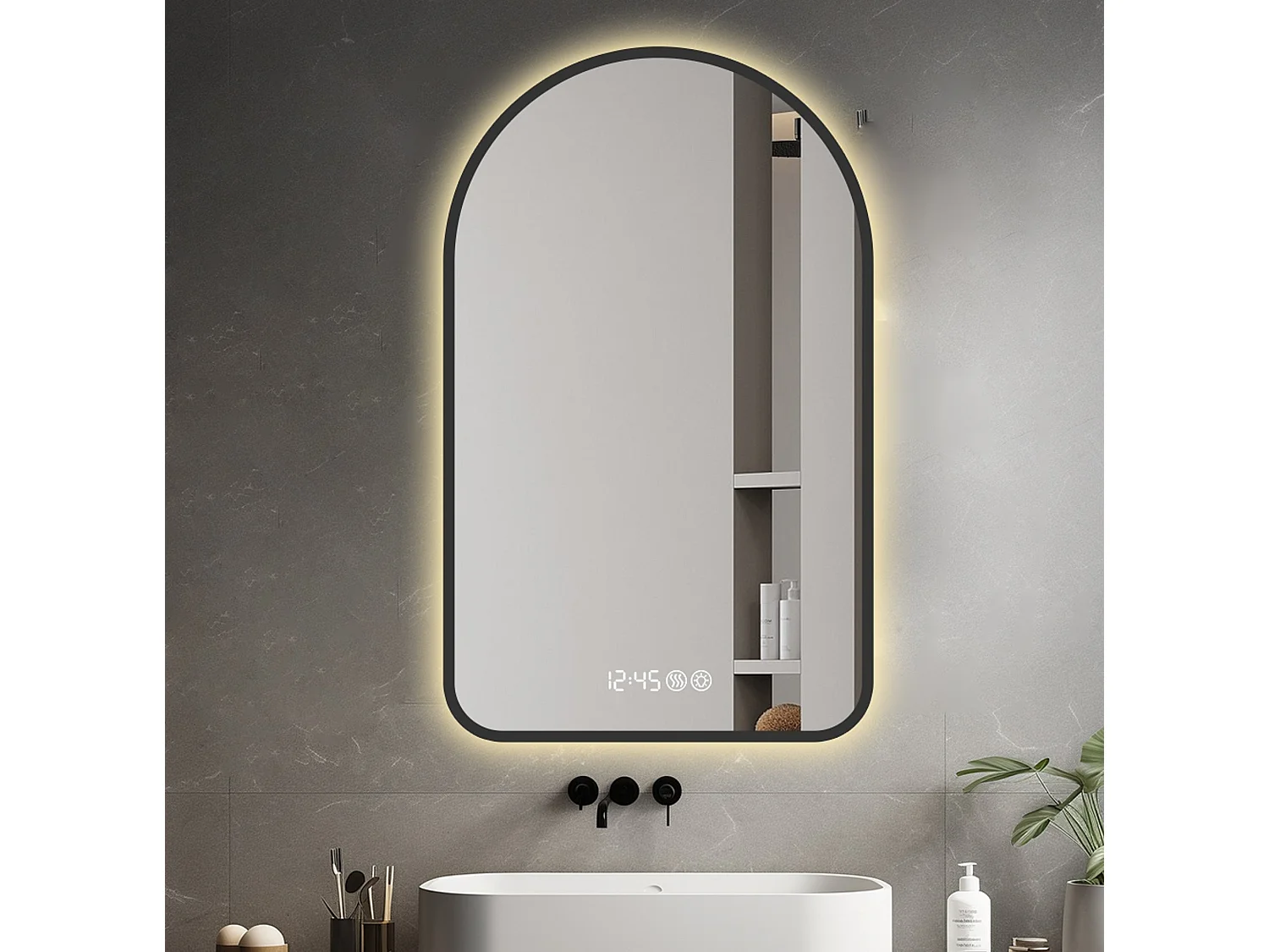 Miroir de salle de bain LED arqué 70 x 120 cm - Antibuée, intensité variable - Cadre noir