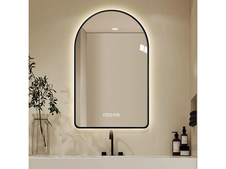 Miroir de salle de bain LED arqué 70 x 120 cm - Antibuée, intensité variable - Cadre noir