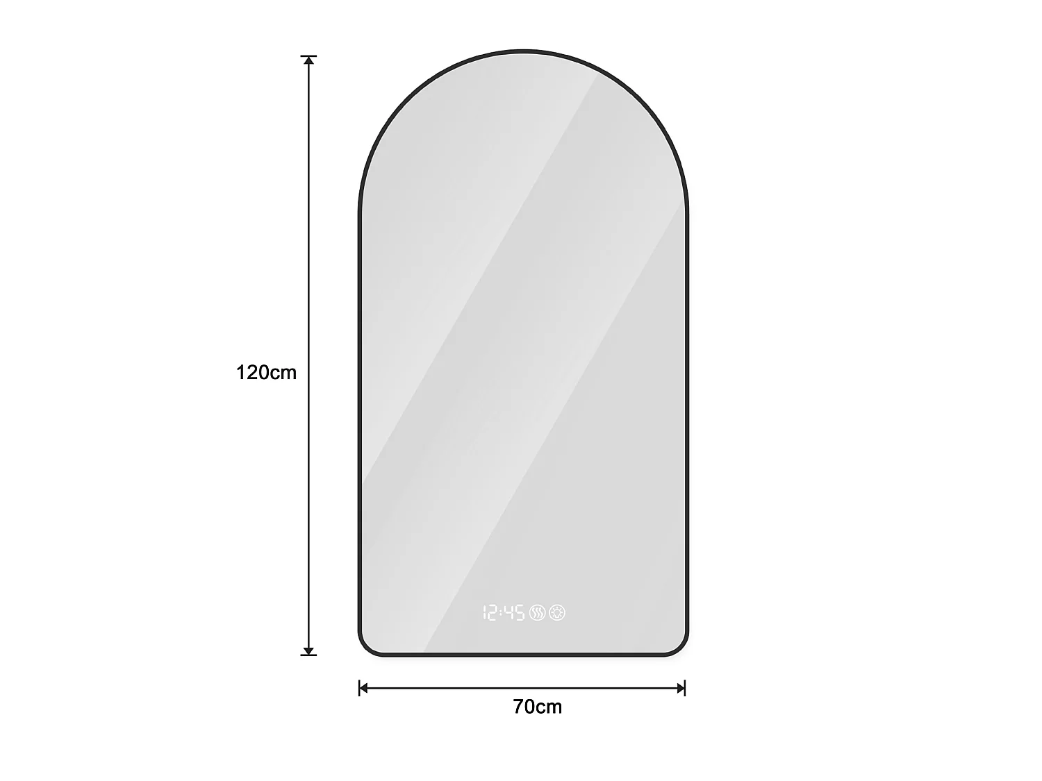 Miroir de salle de bain LED arqué 70 x 120 cm - Antibuée, intensité variable - Cadre noir