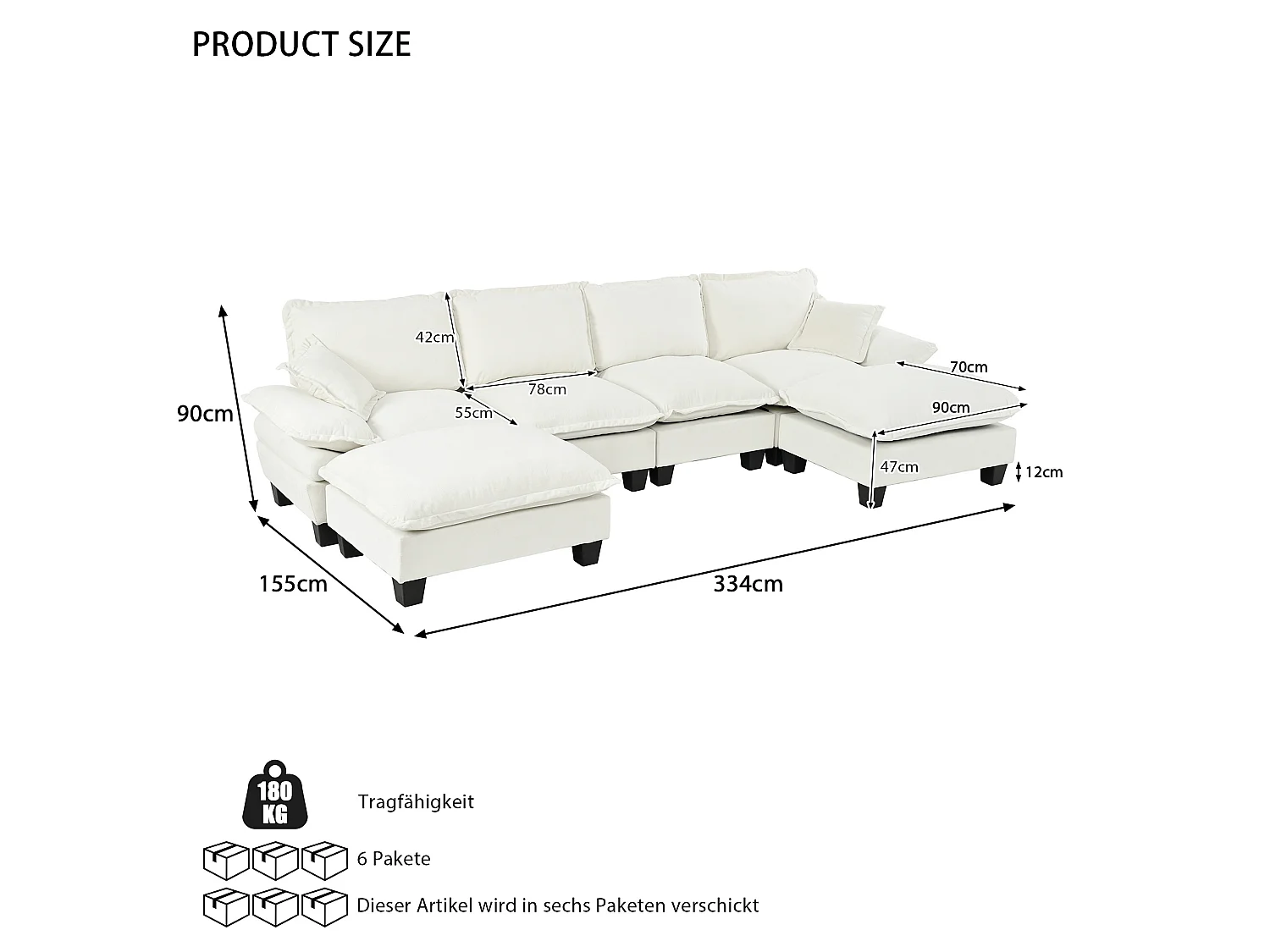 4-sits modulär chenillehörnsoffa med 2 fotpallar - Beige