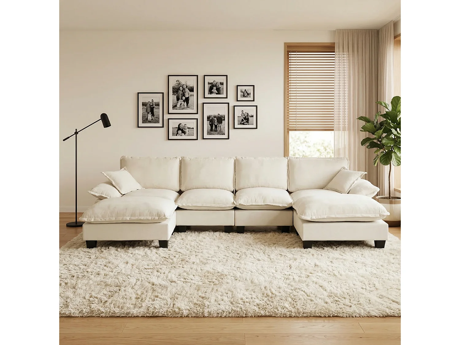 4-sits modulär chenillehörnsoffa med 2 fotpallar - Beige