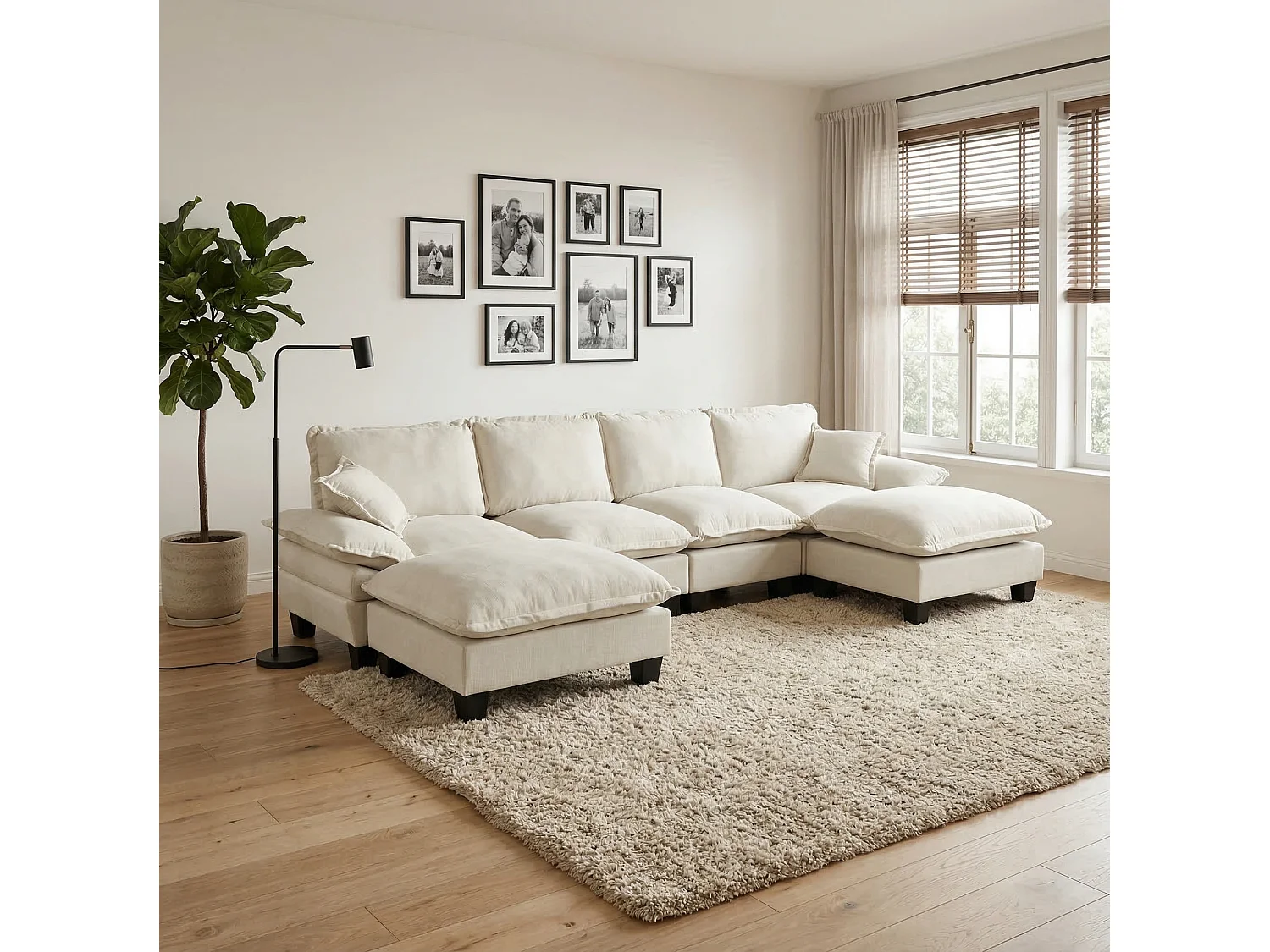 4-sits modulär chenillehörnsoffa med 2 fotpallar - Beige