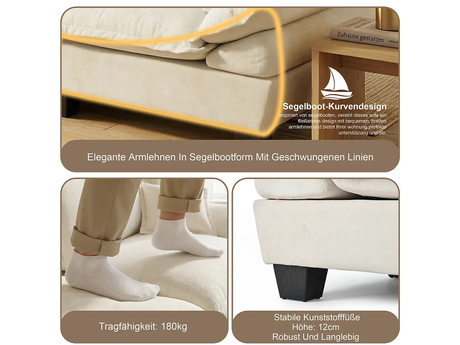 4-sits modulär chenillehörnsoffa med 2 fotpallar - Beige