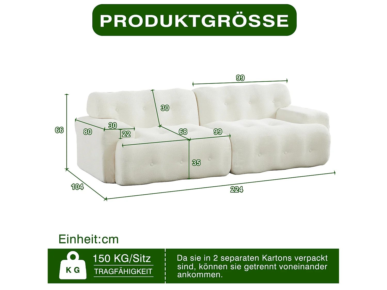 Modulär 2-sits komprimerad chenillesoffa - Knappdetaljer - Beige