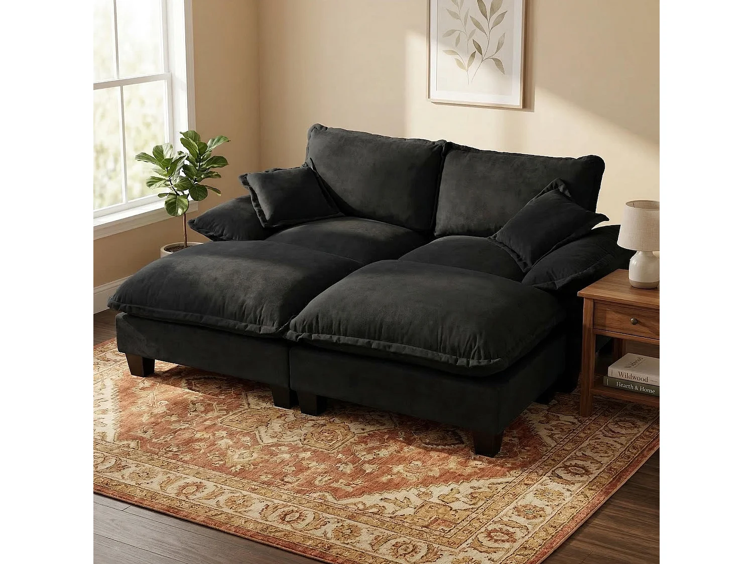 Svart chenille 2-sits modulsoffa med 2 puffar och 2 kuddar