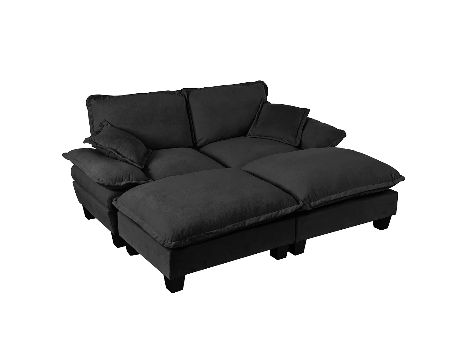 Svart chenille 2-sits modulsoffa med 2 puffar och 2 kuddar