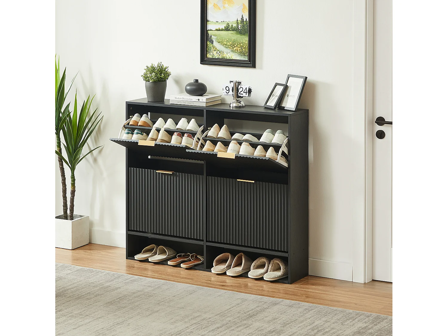 Meuble à chaussures 110.9x24.1x120 cm avec 4 abattants et étagères réglables - Noir
