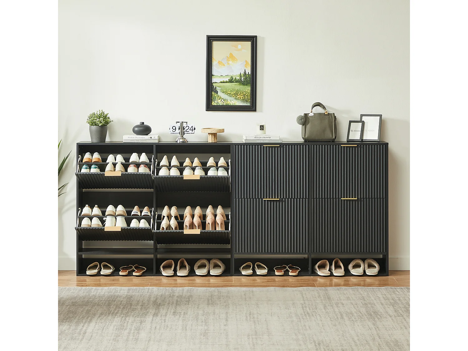Meuble à chaussures 110.9x24.1x120 cm avec 4 abattants et étagères réglables - Noir