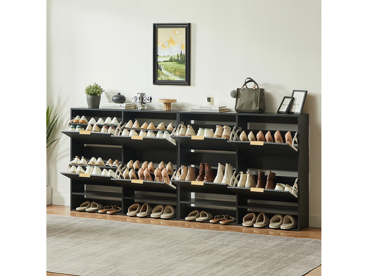 Meuble à chaussures 110.9x24.1x120 cm avec 4 abattants et étagères réglables - Noir