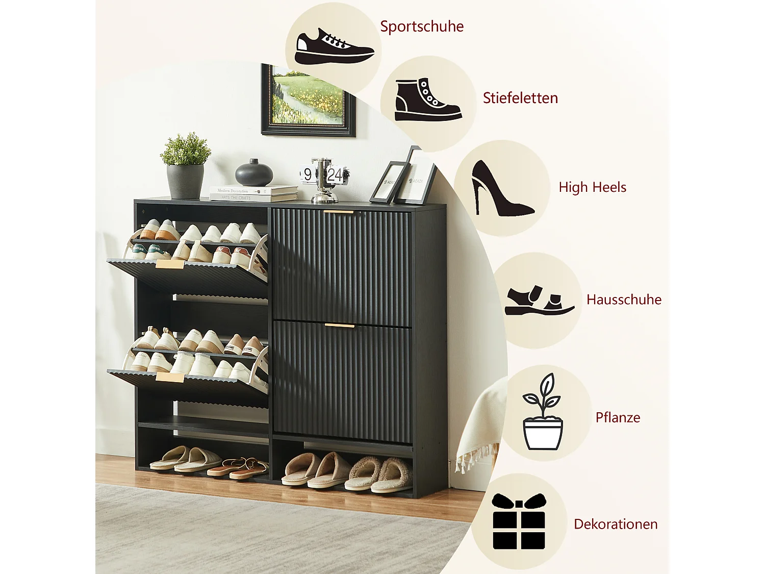 Meuble à chaussures 110.9x24.1x120 cm avec 4 abattants et étagères réglables - Noir
