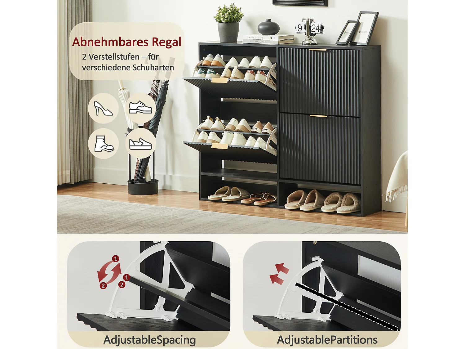 Meuble à chaussures 110.9x24.1x120 cm avec 4 abattants et étagères réglables - Noir