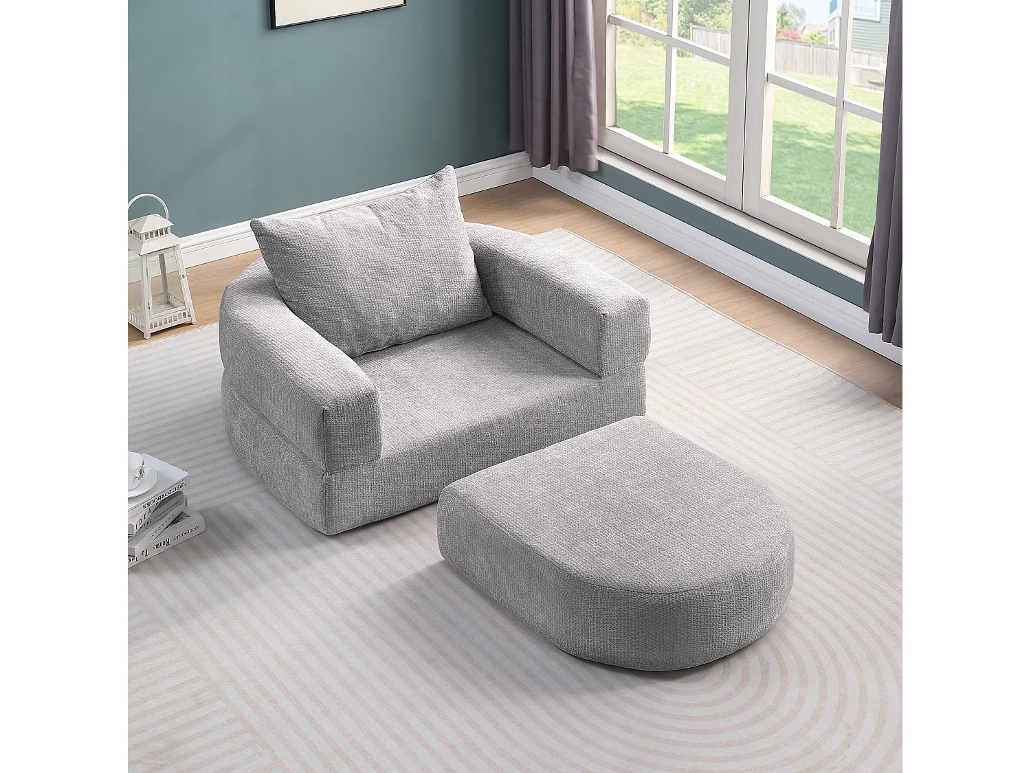 Sillón convertible en chenilla gris claro - Estilo minimalista, no requiere montaje