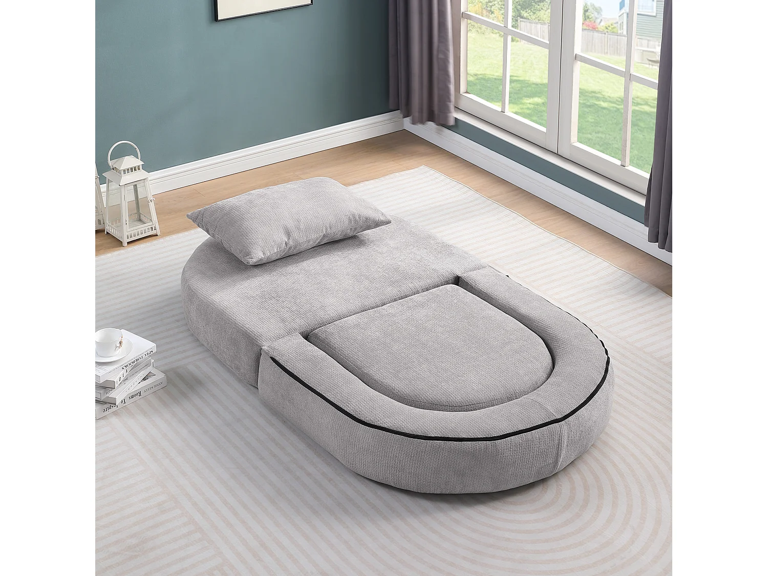 Sillón convertible en chenilla gris claro - Estilo minimalista, no requiere montaje