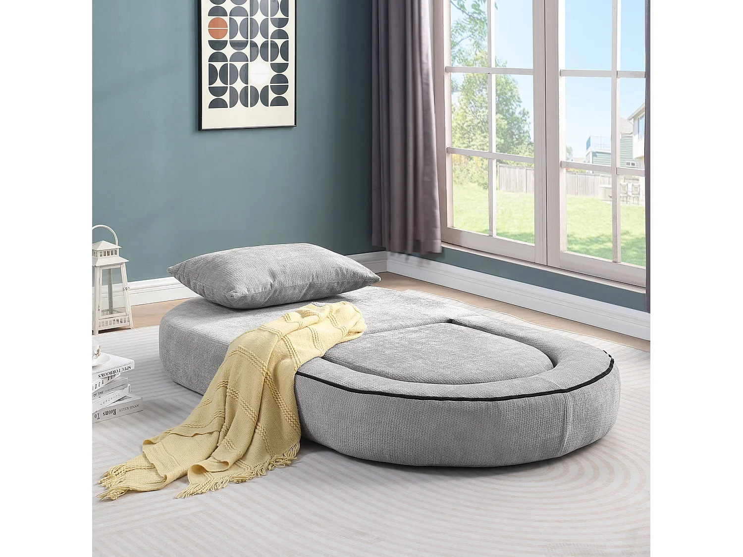 Sillón convertible en chenilla gris claro - Estilo minimalista, no requiere montaje
