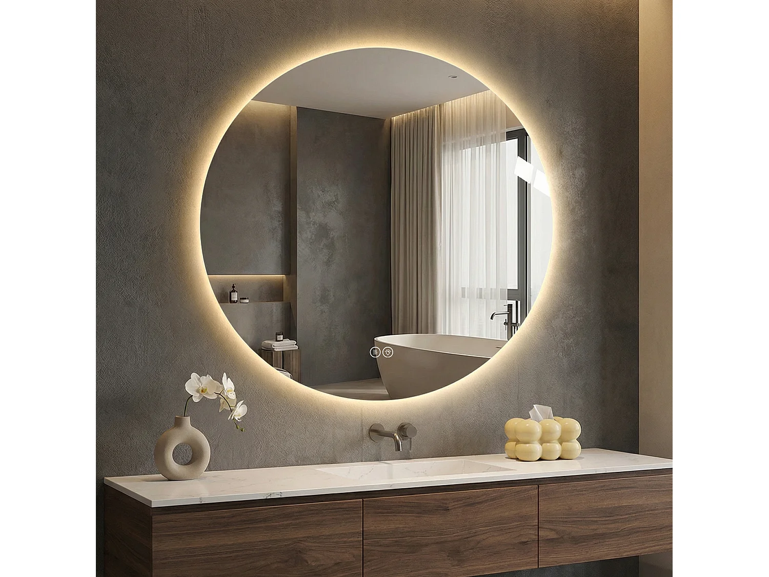 Miroir de salle de bain LED rond de 70 cm avec antibuée et 3 couleurs d'éclairage