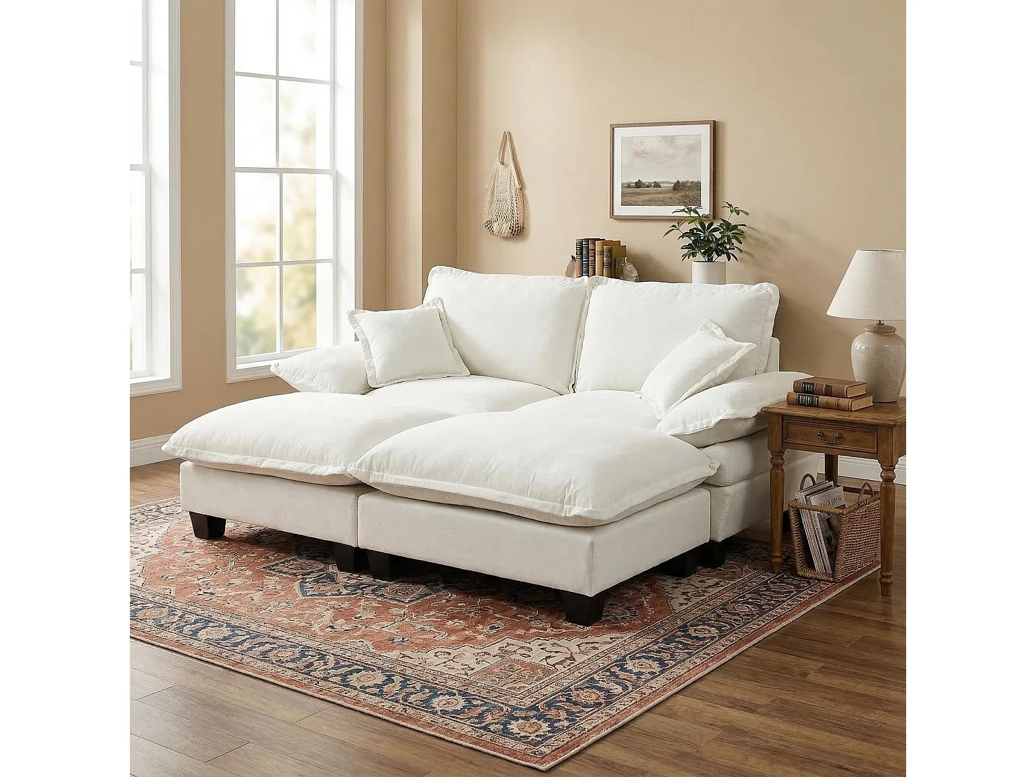 Beige chenille 2-sits modulsoffa med 2 puffar och 2 kuddar