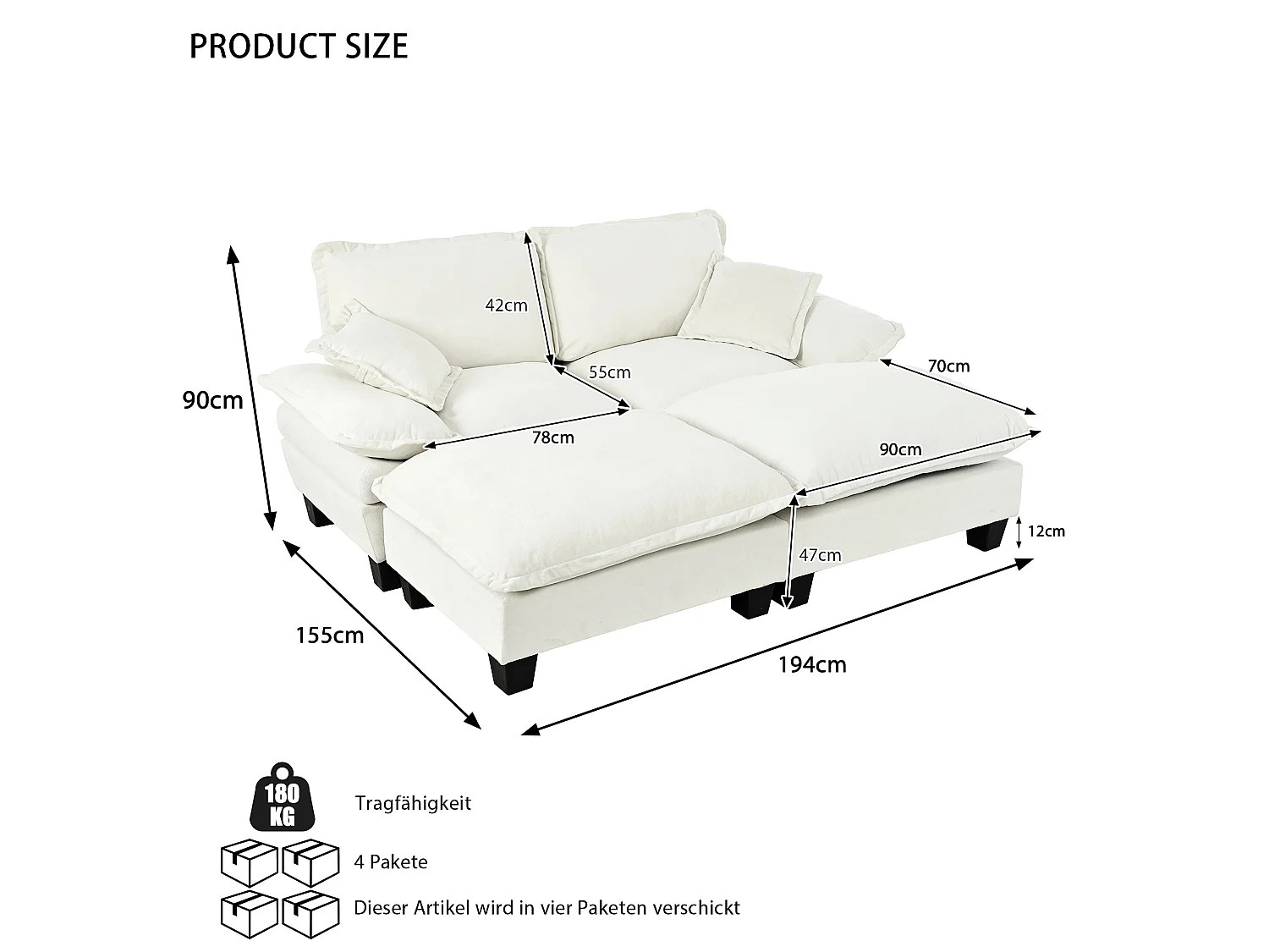 Beige chenille 2-sits modulsoffa med 2 puffar och 2 kuddar