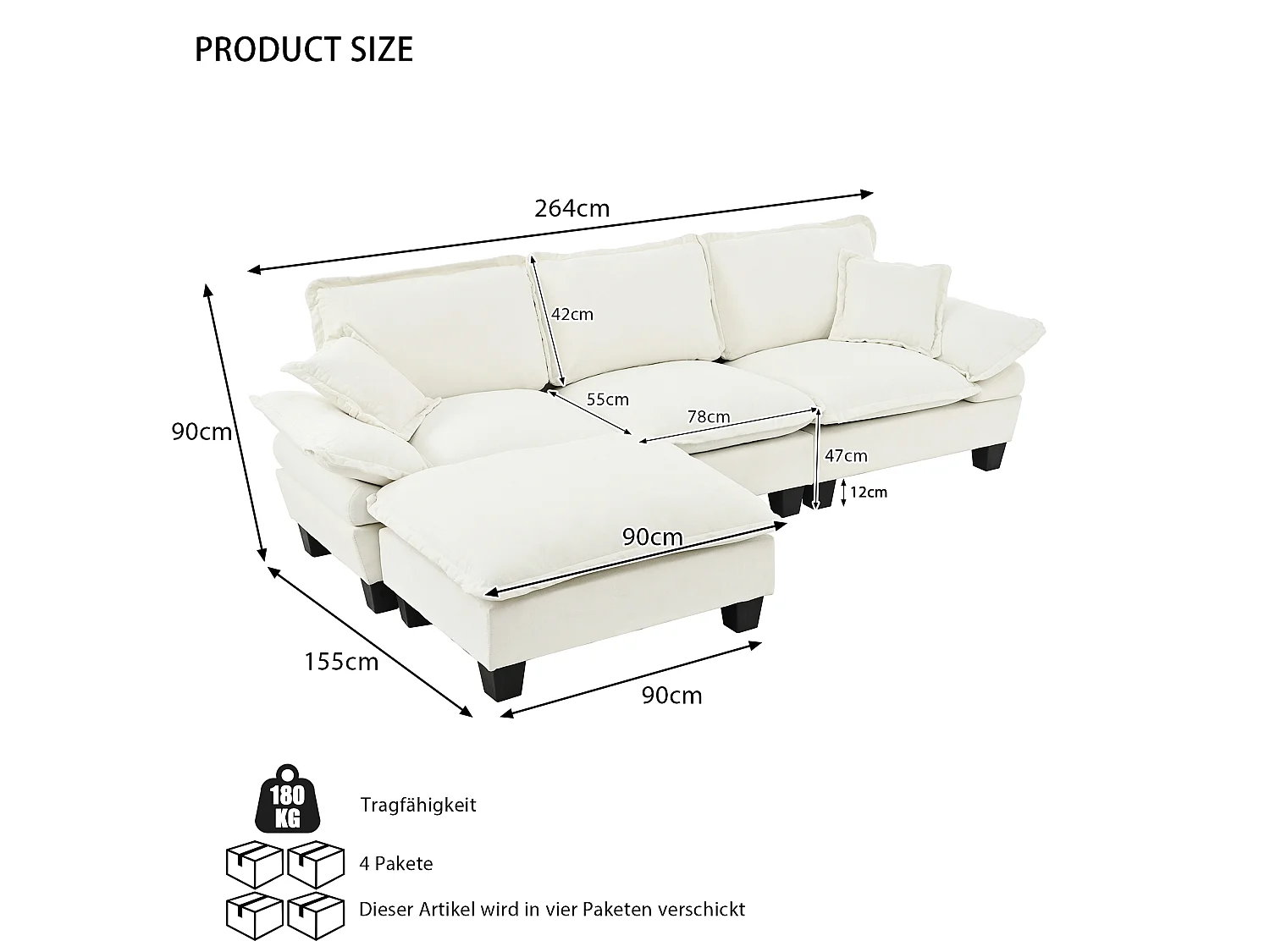 3-sits modulär chenillehörnsoffa med fotpall och 2 kuddar - Beige