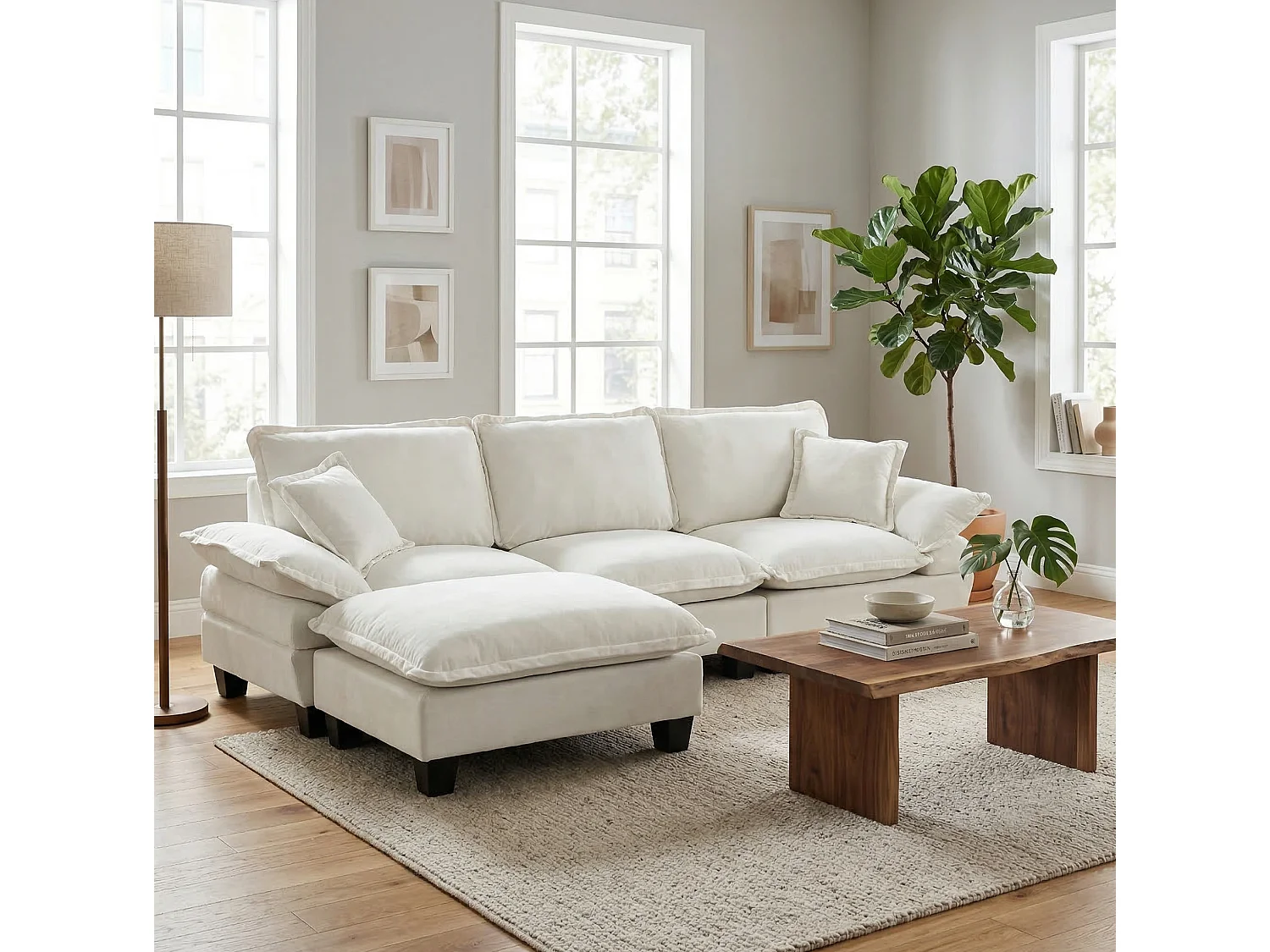 3-sits modulär chenillehörnsoffa med fotpall och 2 kuddar - Beige