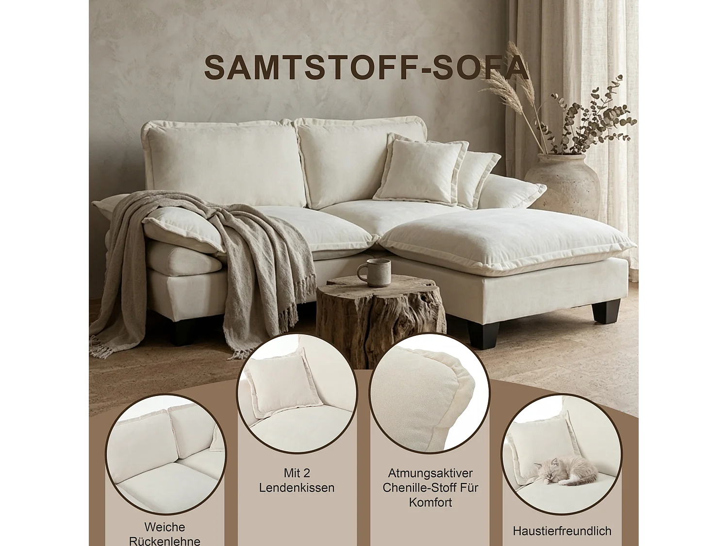 3-sits modulär chenillehörnsoffa med fotpall och 2 kuddar - Beige