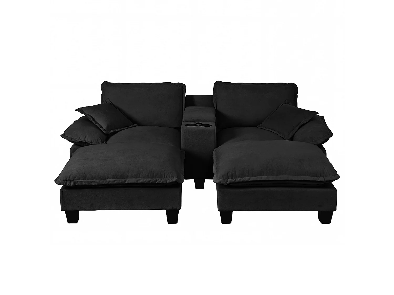Canapé 2 places avec USB, 2 poufs et porte-gobelets - Chenille noir