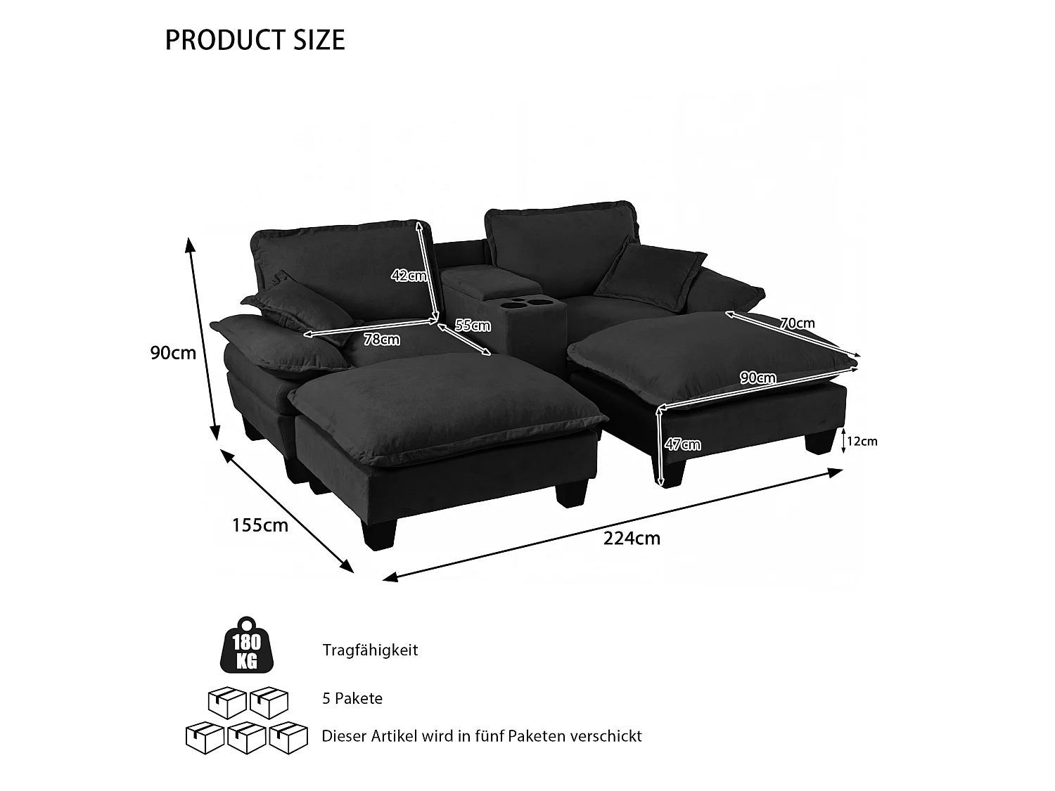 Canapé 2 places avec USB, 2 poufs et porte-gobelets - Chenille noir