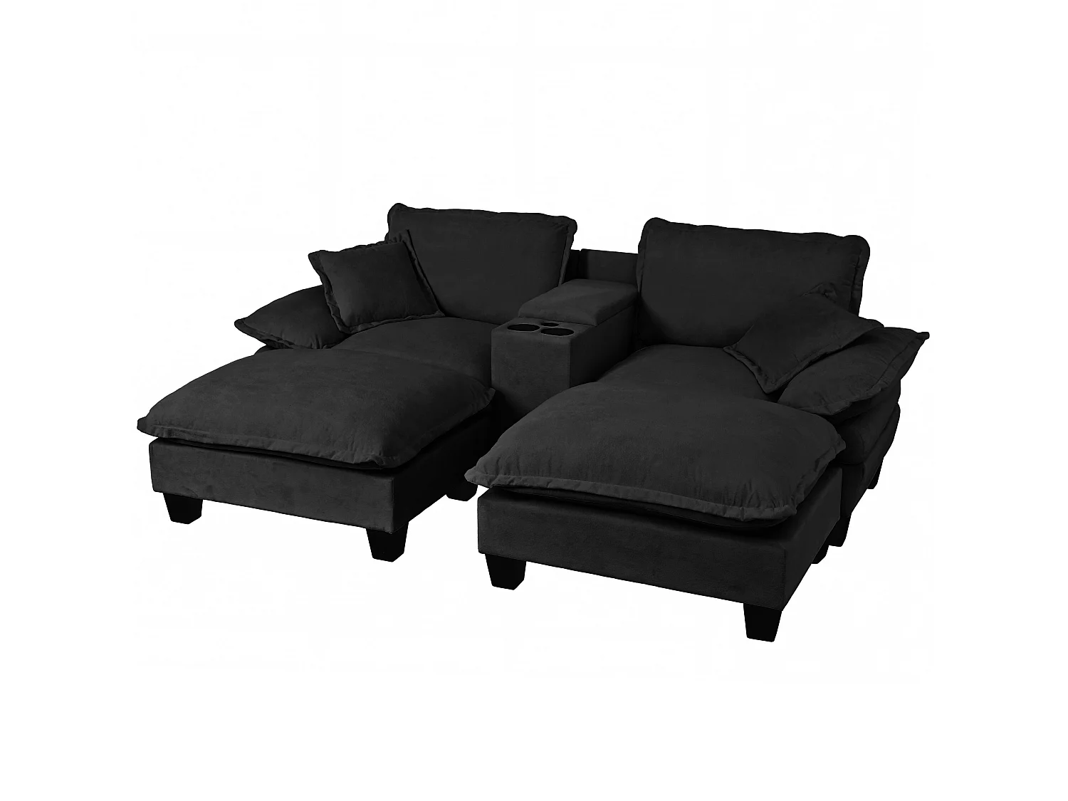 Canapé 2 places avec USB, 2 poufs et porte-gobelets - Chenille noir