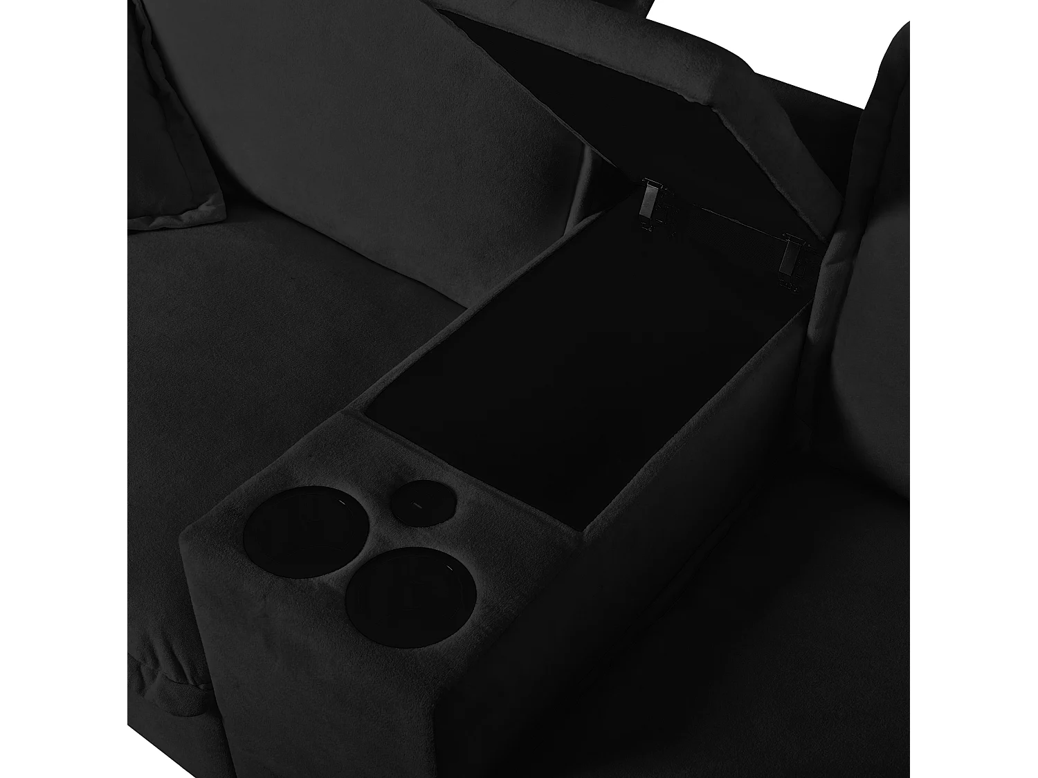 Canapé 2 places avec USB, 2 poufs et porte-gobelets - Chenille noir