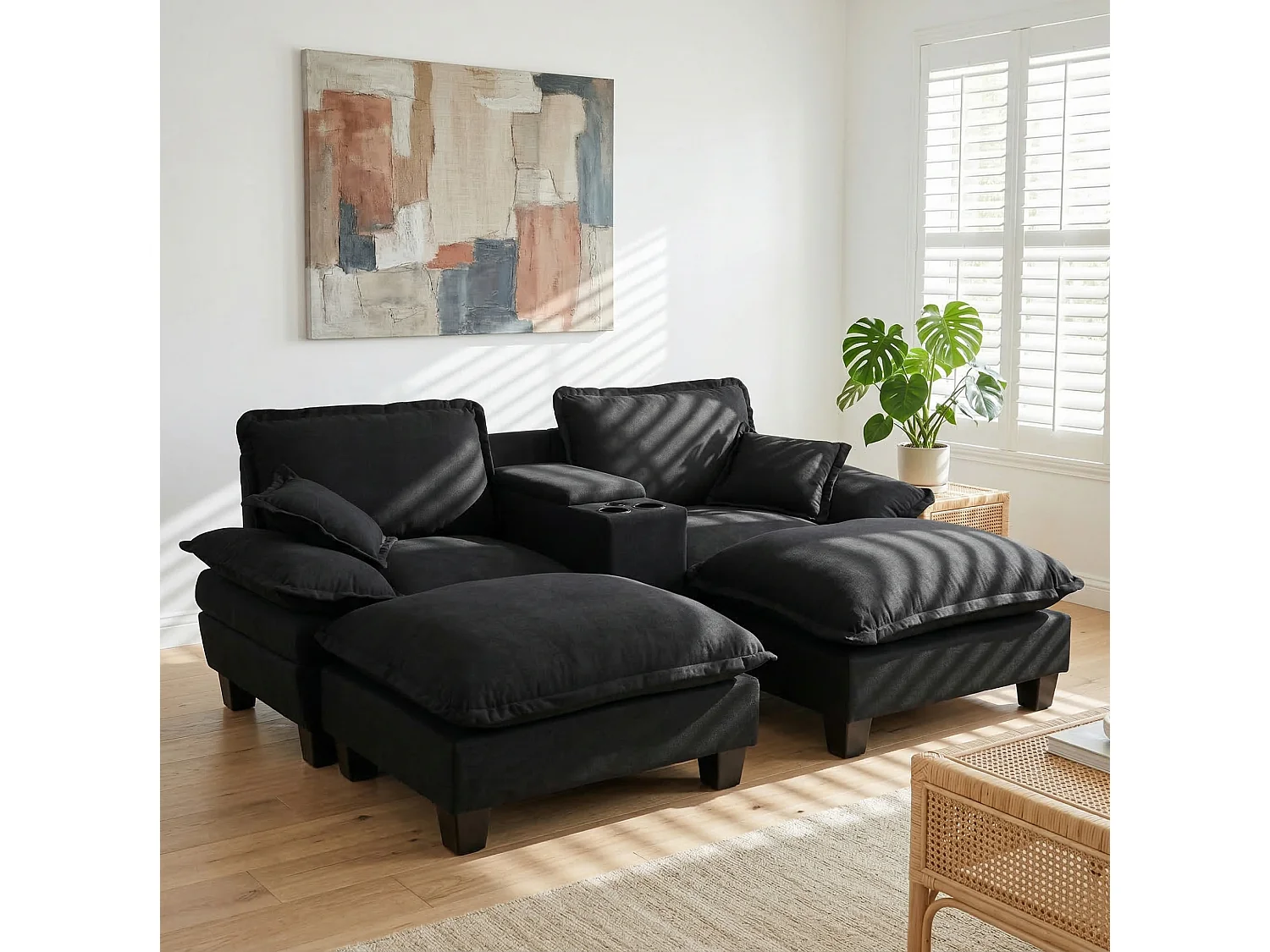 Canapé 2 places avec USB, 2 poufs et porte-gobelets - Chenille noir