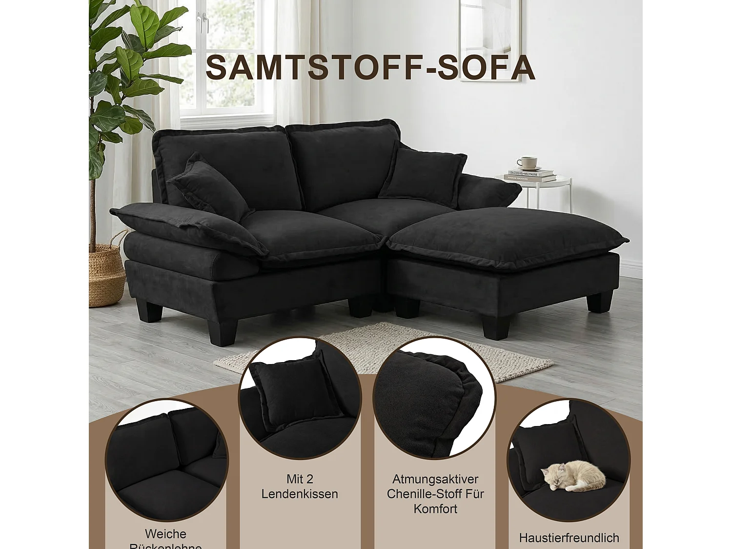 Canapé 2 places avec USB, 2 poufs et porte-gobelets - Chenille noir