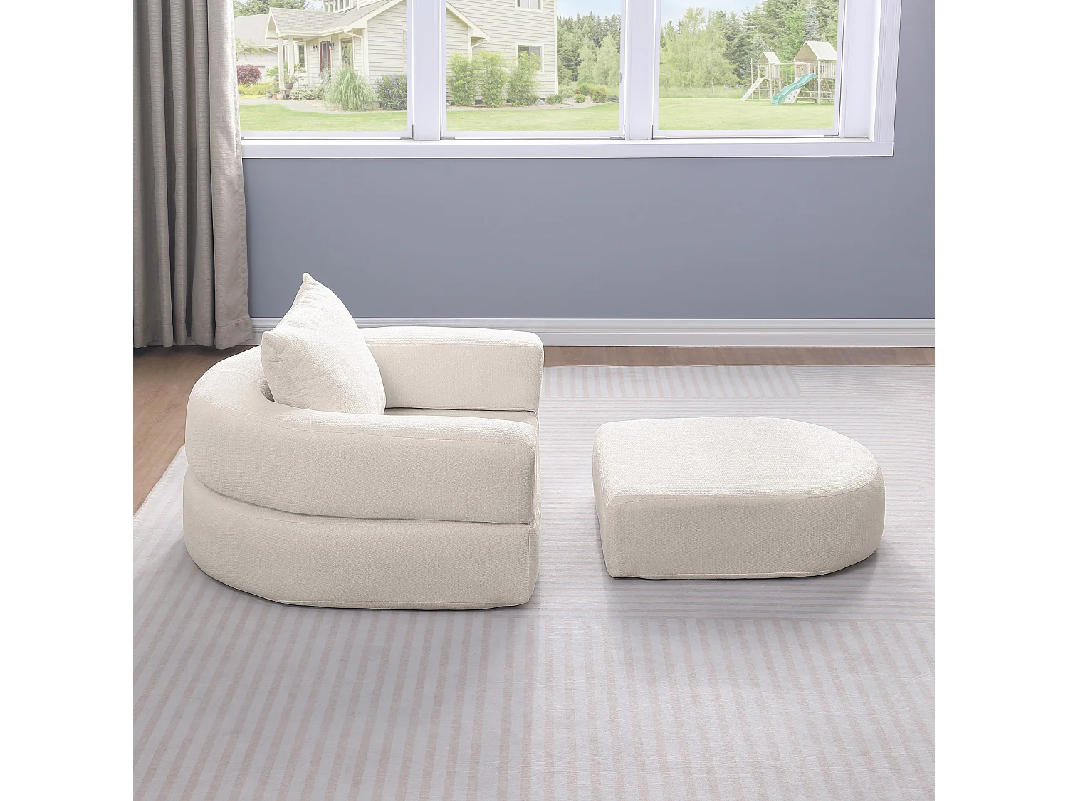 Sillón convertible en chenilla beige - Estilo minimalista, no requiere montaje