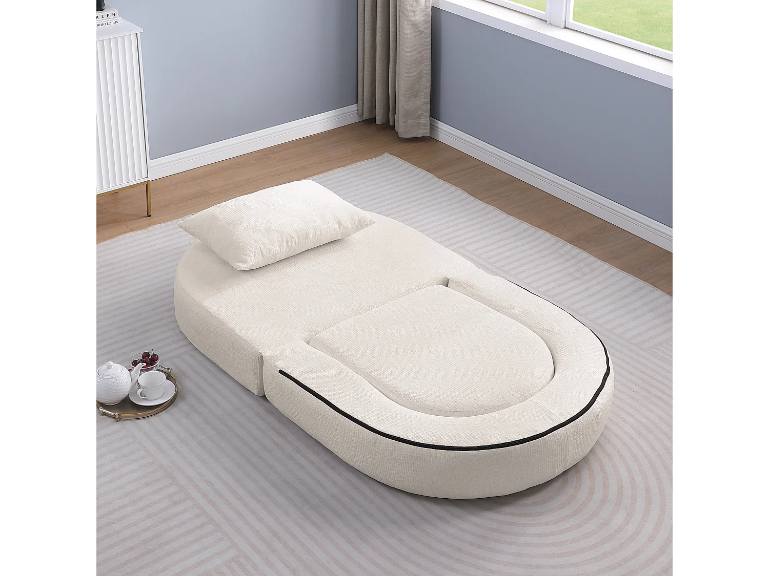 Sillón convertible en chenilla beige - Estilo minimalista, no requiere montaje