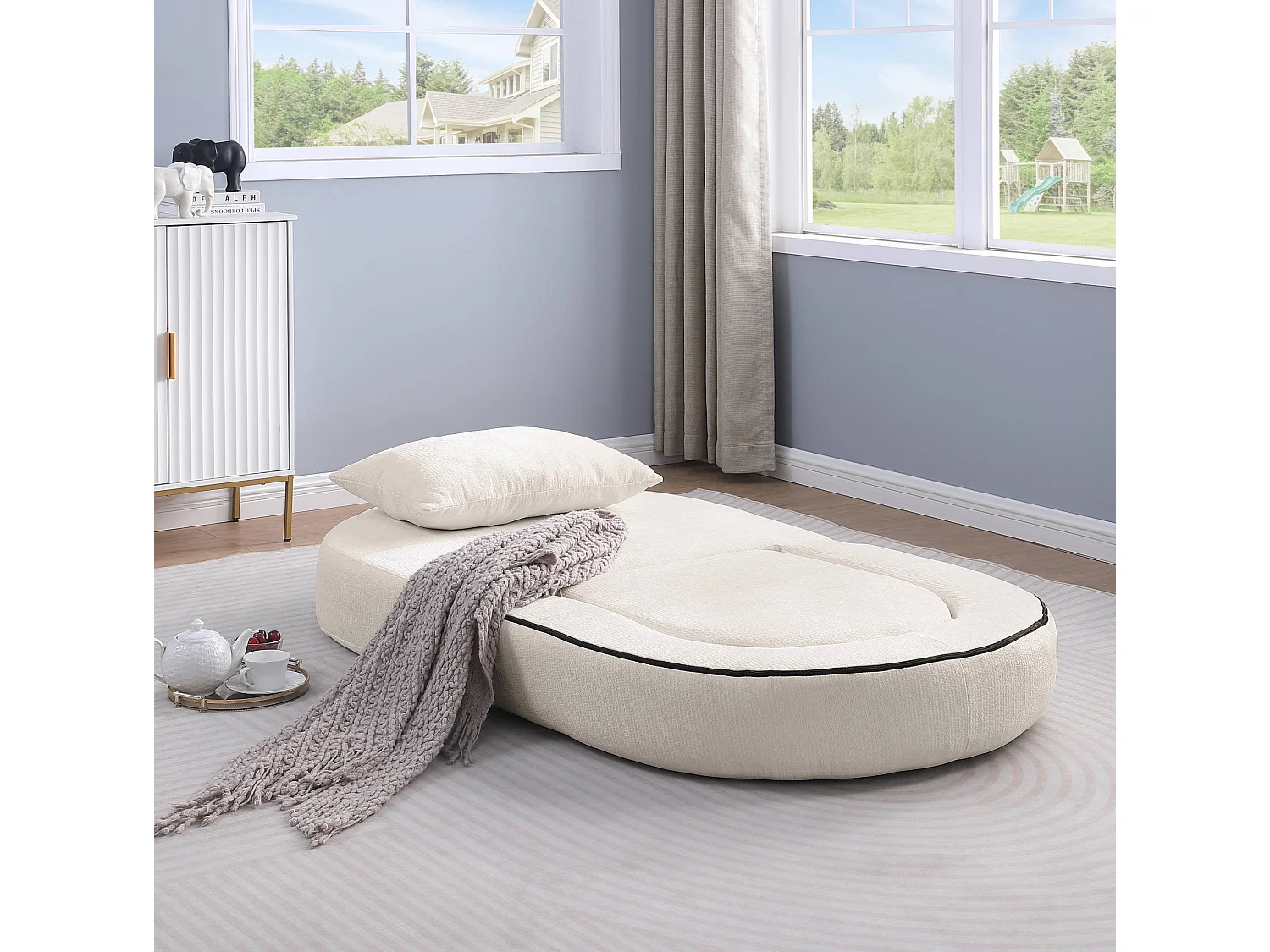 Sillón convertible en chenilla beige - Estilo minimalista, no requiere montaje