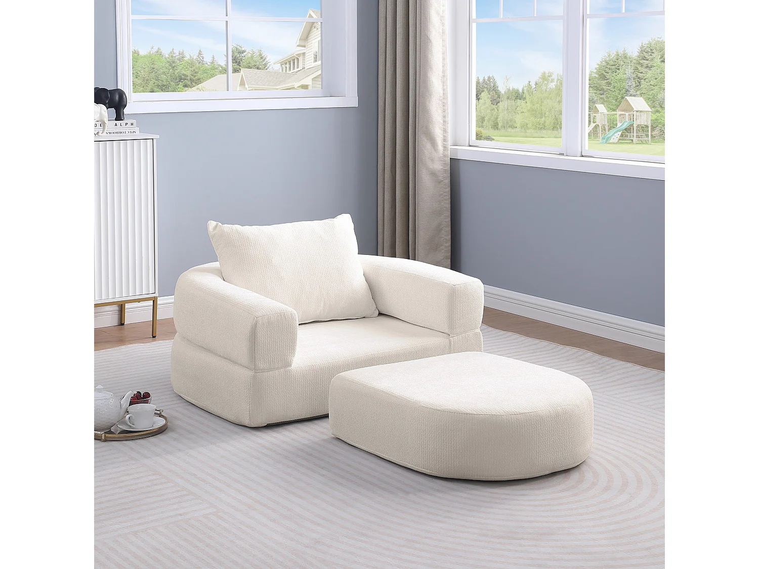 Sillón convertible en chenilla beige - Estilo minimalista, no requiere montaje