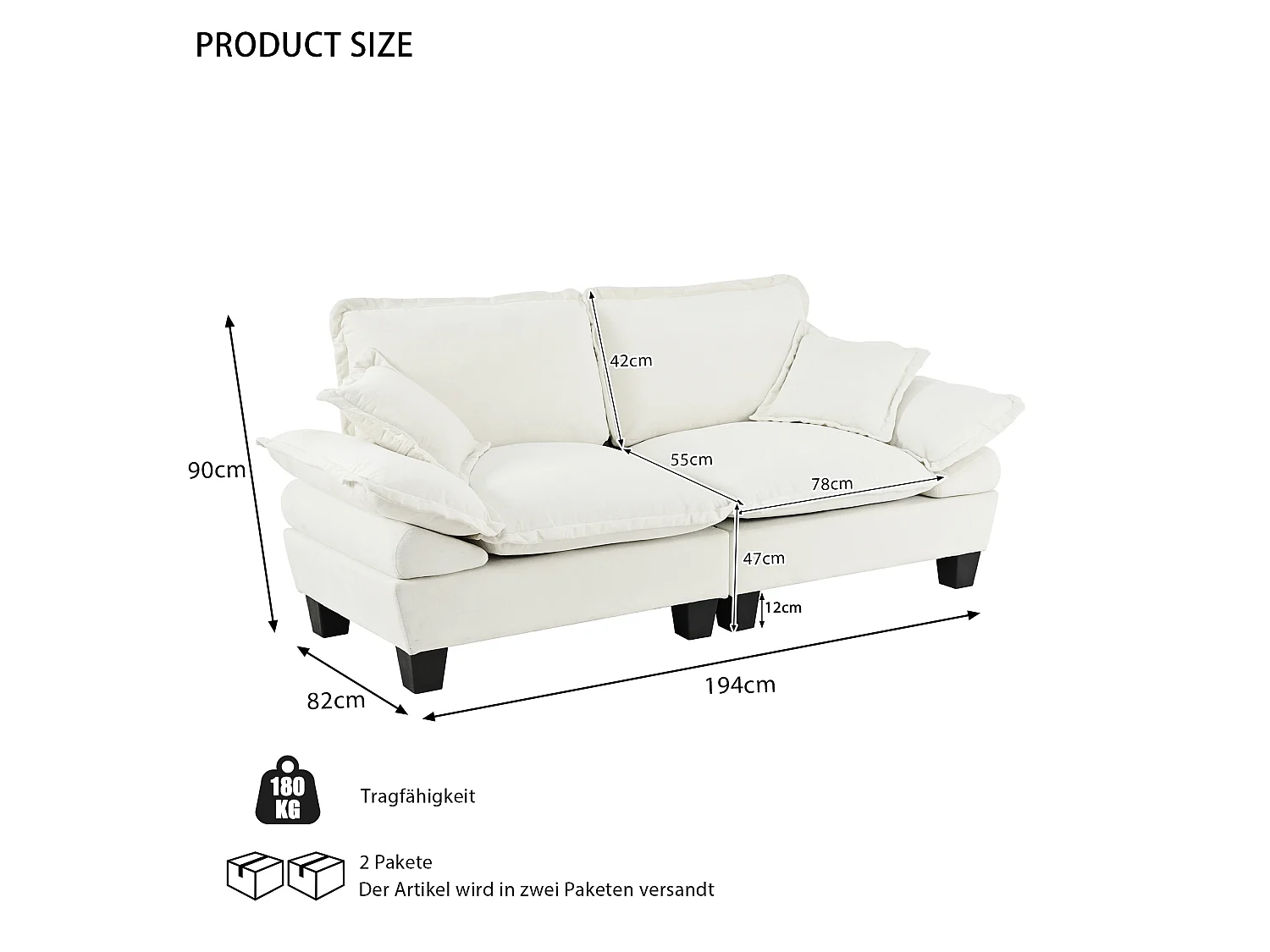 2-sits modulär chenillesoffa med 2 kuddar - Beige