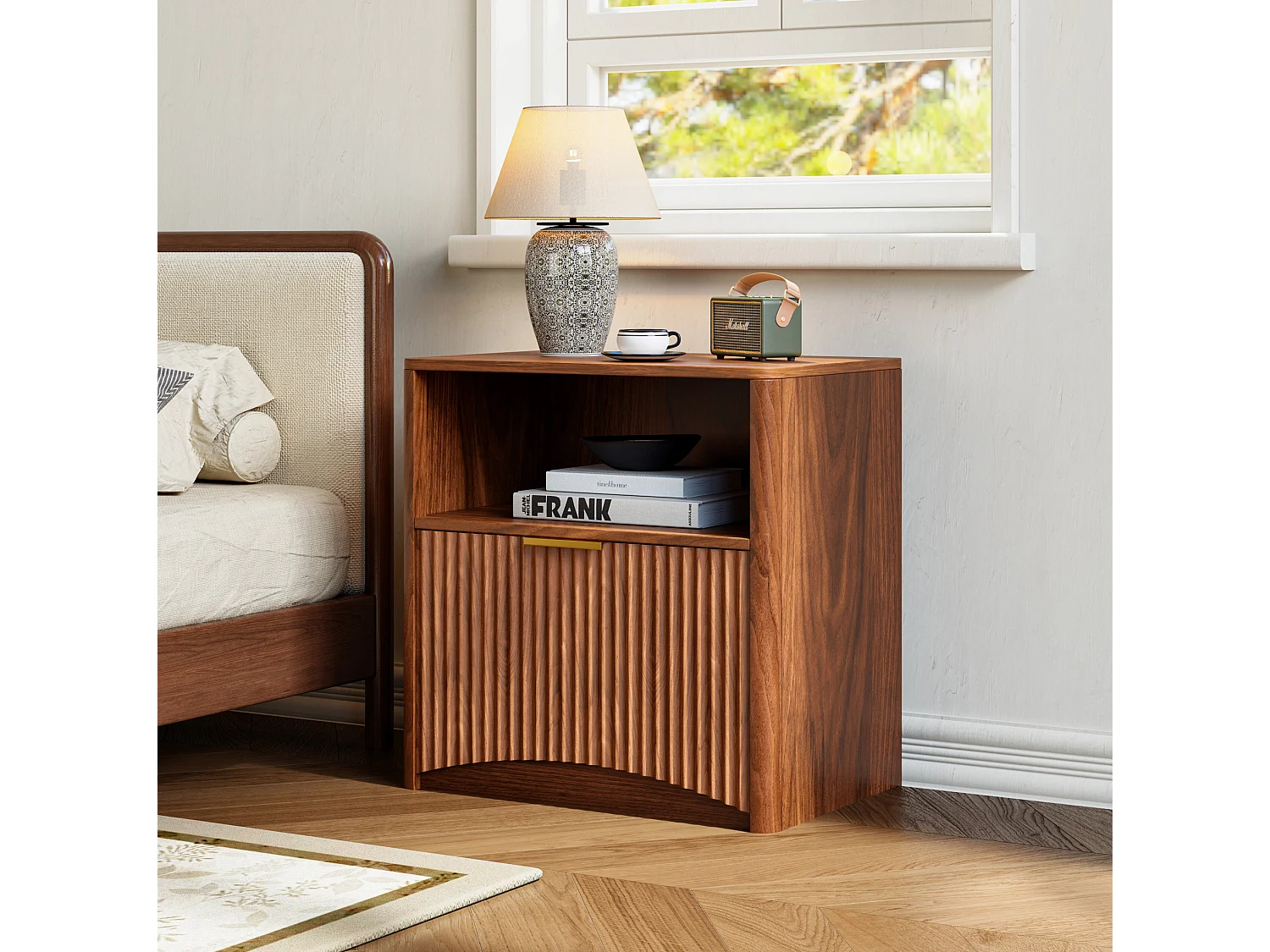 Table de chevet 58x38x60 cm avec tiroir et niche ouverte - Marron