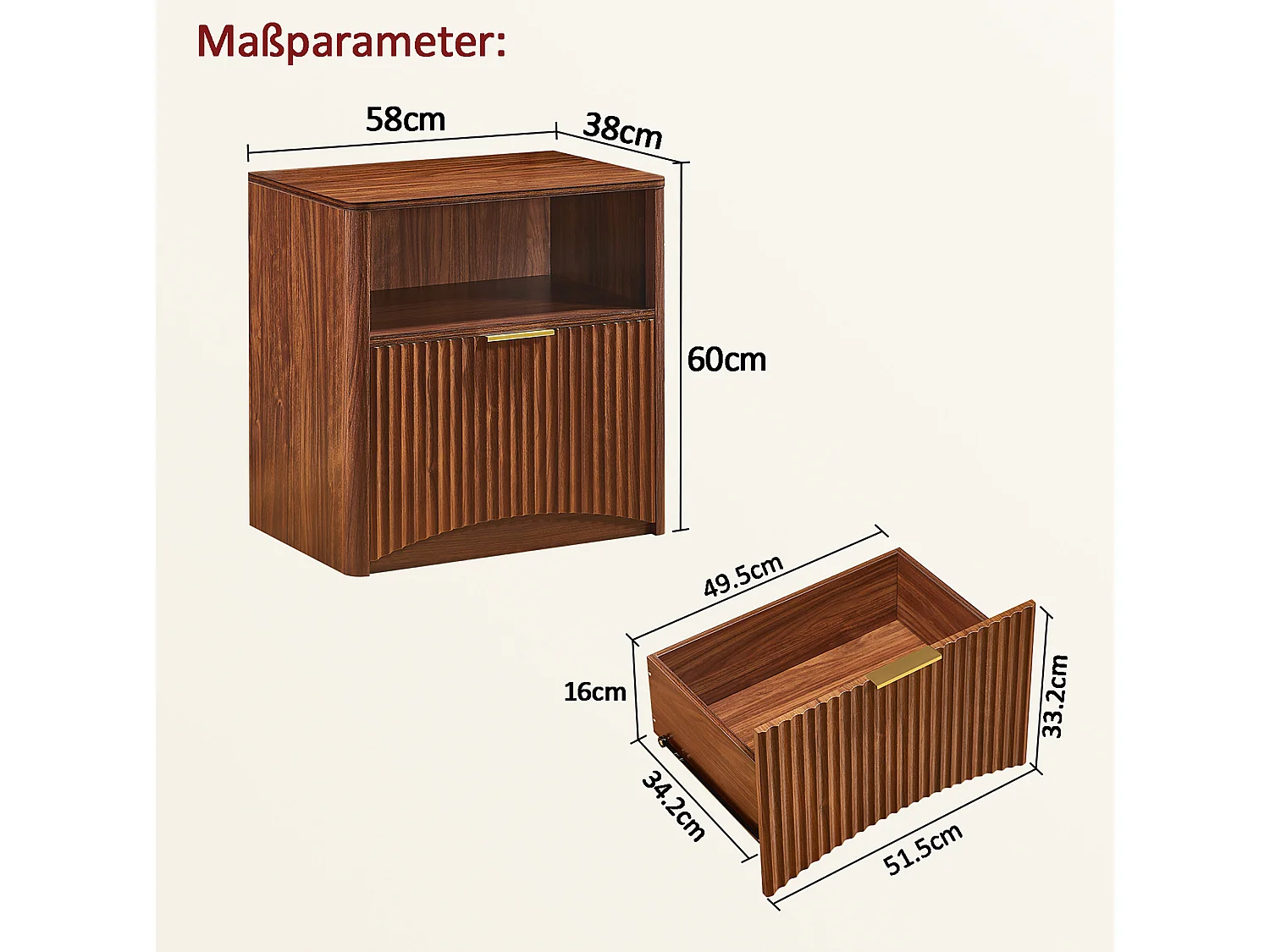 Table de chevet 58x38x60 cm avec tiroir et niche ouverte - Marron
