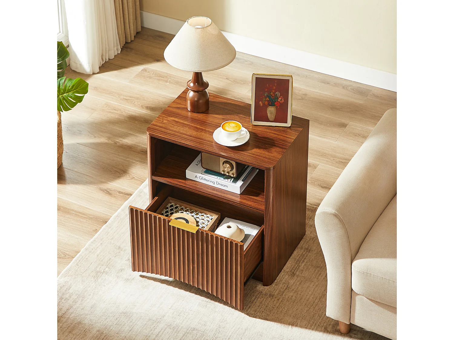 Table de chevet 58x38x60 cm avec tiroir et niche ouverte - Marron